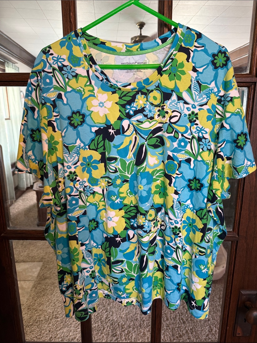 Westbound‎ Woman Blue Green Floral Cotton Short Sleeve T-Shirt Plus Size 3X